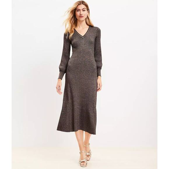 LOFT Gold Black Shimmer Ribbed V-Neck Midi Sweater Dress Blouson Sleeves - Picture 12 of 13